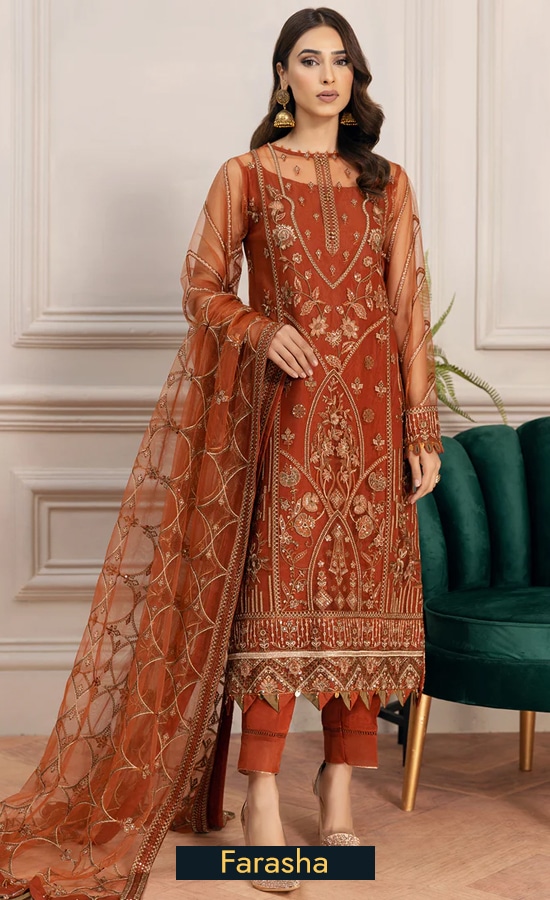 Farasha Embroidered Net Cinnamon Dress 3