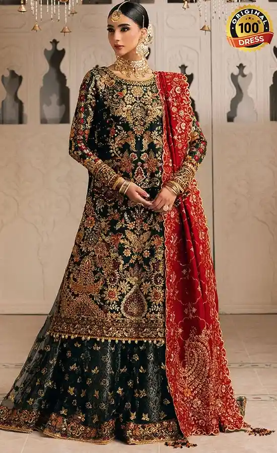 Pakistani black sharara suit for wedding guests with intricate embroidery and formal styling