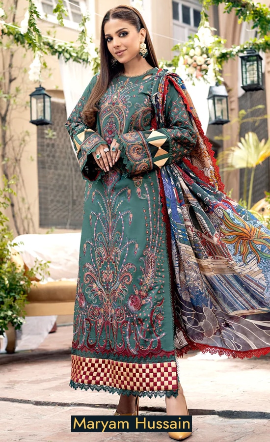 Shop Maryam Hussain Embroidered Lawn Emerald M Dress Now 3