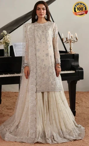 Pakistani white gharara suit for wedding guests with embroidered chiffon and elegant traditional finishing