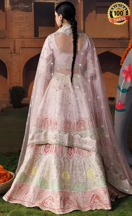 Embroidered Indo Western ghagra for wedding guests with silk and poly net detailing