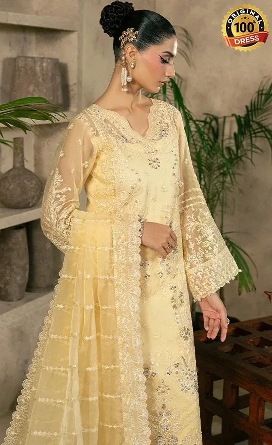 Pastel yellow organza salwar kameez with raw silk and intricate embroidered finishing