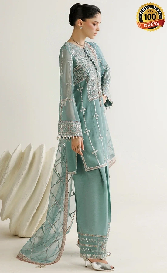 Ice blue chiffon salwar kameez with threadwork, sequinned work and embroidered finishing