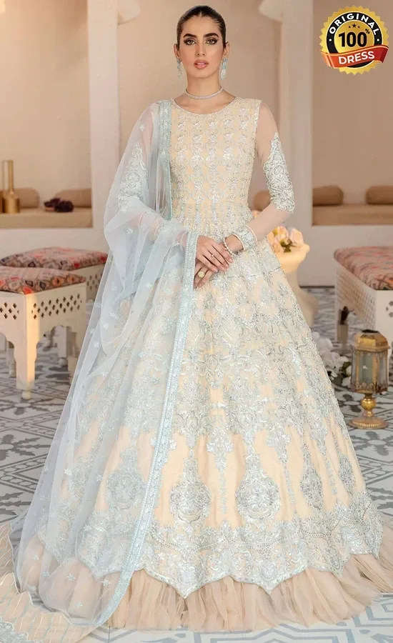 Blue Colour Anarkali Dress For Wedding Guests Blue colour Anarkali dress for wedding guests with elegant embroidery and net detailing