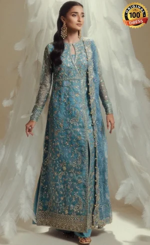 Blue organza Anarkali frock with intricate embroidery, embellished panels and graceful floor-length styling