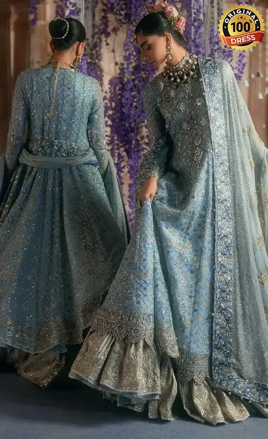 Embroidered Angrakha frock for wedding guests with traditional Pakistani detailing and graceful maxi styling