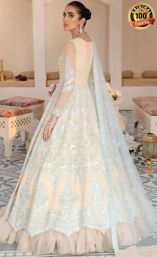 Blue embroidered Anarkali maxi dress with net fabric and intricate formal embellishments