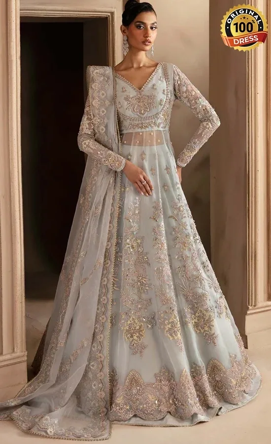 Pakistani Sea Blue Lehenga Choli for Wedding Guests Pakistani sea blue lehenga choli for wedding guests with embroidered organza and graceful formal styling