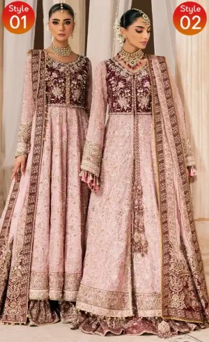 Pink colour Anarkali dress for wedding guests with elegant embroidery and graceful formal styling