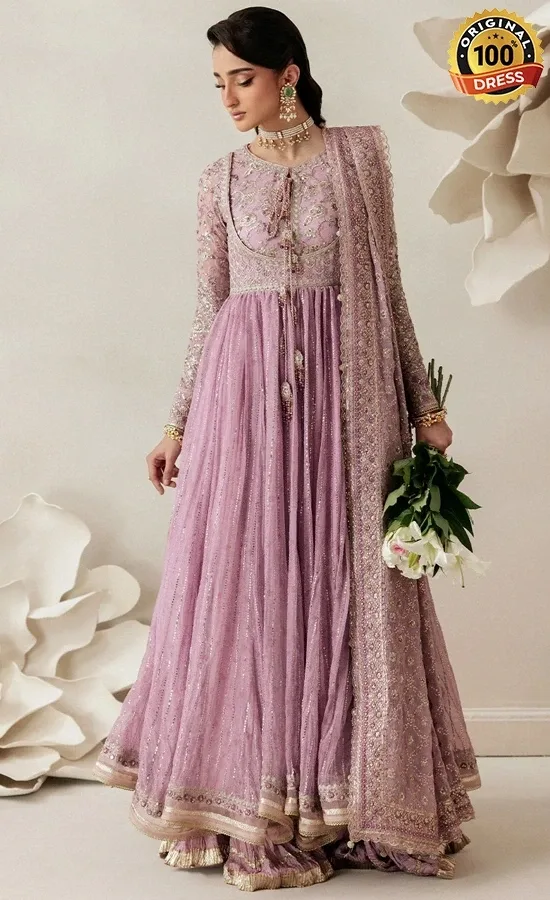 Purple Anarkali Dress For Wedding Guests Purple Anarkali dress for wedding guests with elegant embroidery and traditional detailing