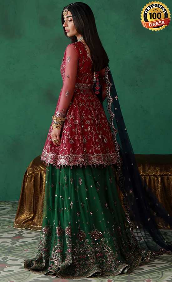 Qalamkar green sharara for wedding guests from Singhar Wedding Formals collection