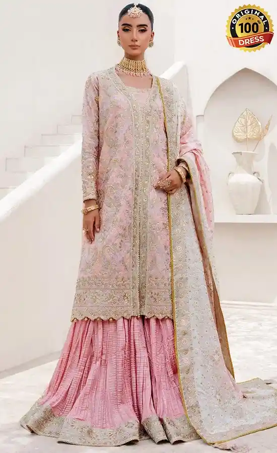 Dusty pink chiffon salwar kameez with intricate hand embroidery and elegant finishing
