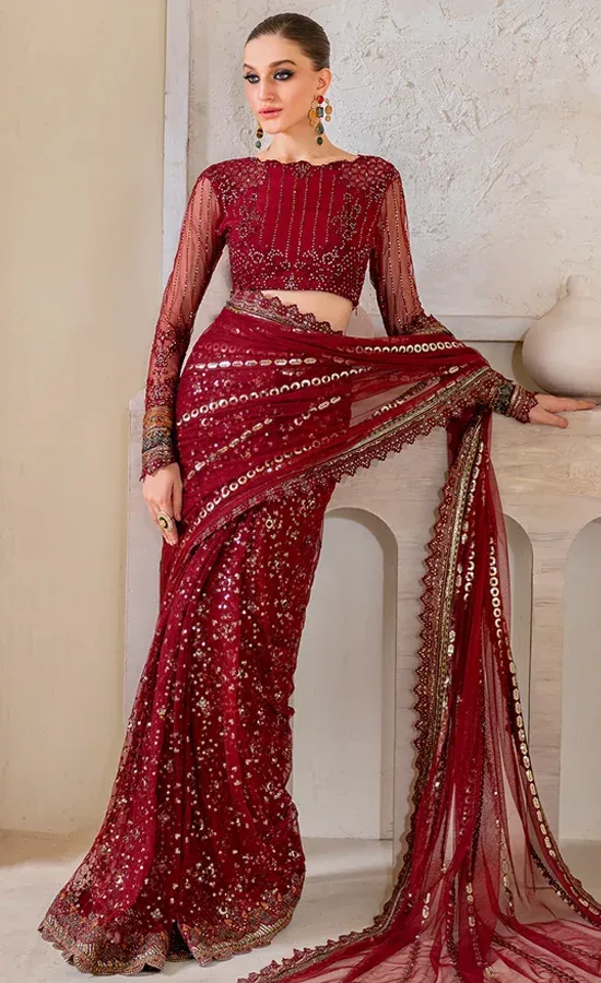 Maroon Colour Blouse with Saree For Wedding Guests (2)