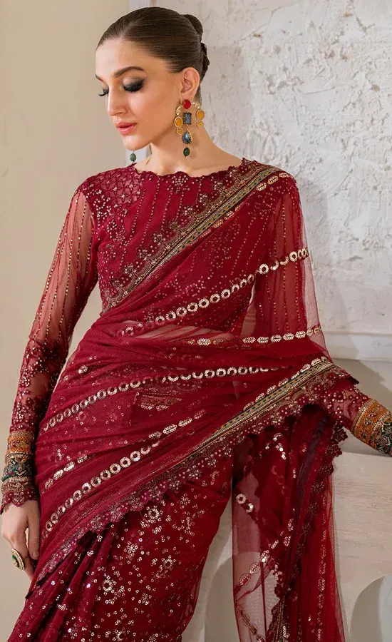 Maroon Colour Blouse with Saree For Wedding Guests (4)
