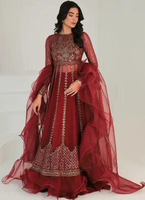 Maroon lehenga for wedding guests with embroidered chiffon, hand embroidery and elegant tassel detailing