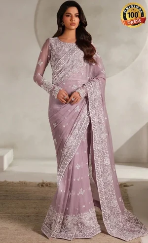 Pakistani chiffon saree for wedding guests UK with detailed embroidery