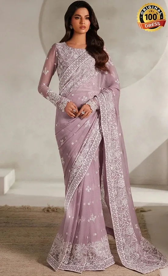 Chiffon Saree UK For Wedding Guests Pakistani chiffon saree for wedding guests UK with detailed embroidery