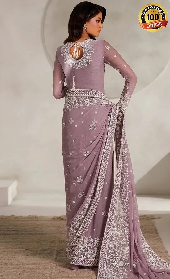 Embroidered chiffon saree for UK wedding guests in Pakistani style