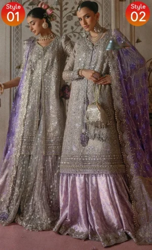 Embroidered purple sharara for wedding guests with organza borders and traditional detailing