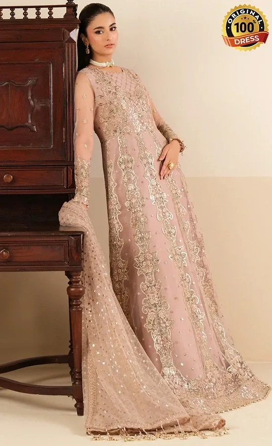 Light pink maxi dress for wedding guests with elegant hand embroidery and delicate detailing