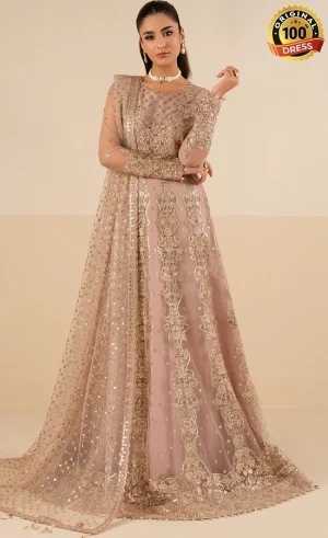 Light pink embroidered maxi dress with silk detailing and elegant wedding wear design