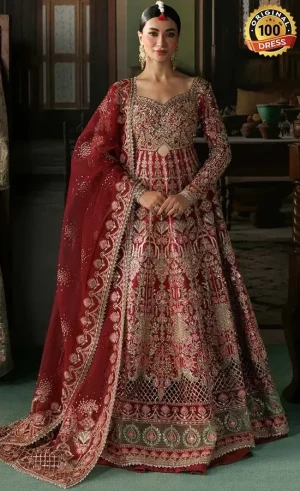 Maroon Anarkali suit for wedding guests with elegant hand embroidery and raw silk fabric