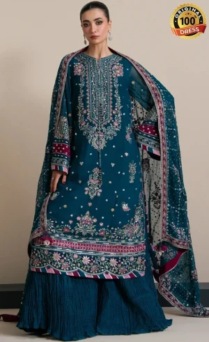 Navy blue salwar kameez for wedding guests with elegant hand embroidery and chiffon detailing