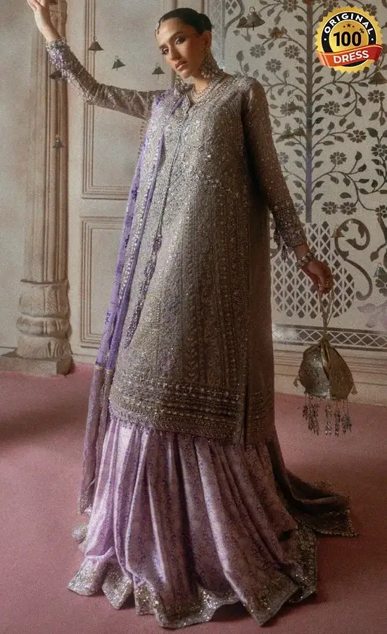 Pakistani purple sharara for wedding guests with embroidered net, organza and graceful formal styling