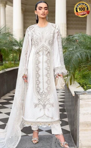 White Indian suit for wedding guests with elegant hand embroidery and lawn fabric