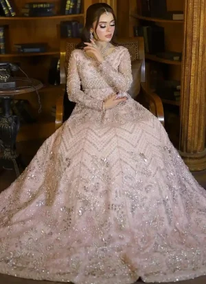 Baby pink bridal gown in organza with a floor-length silhouette, long trail and matching organza dupatta.