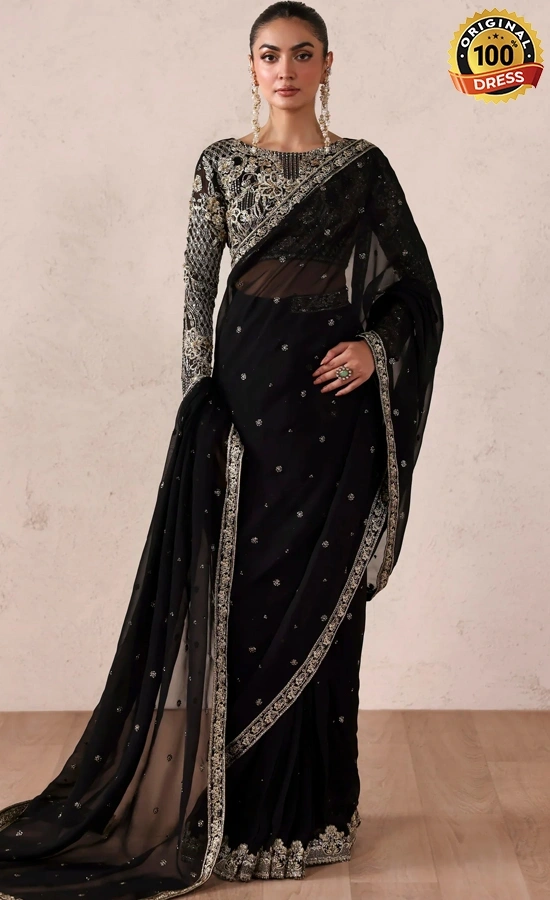 Embroidered Asim Jofa Wedding Guest Saree Embroidered Asim Jofa saree for wedding guests with patchwork and chatta patti detailing