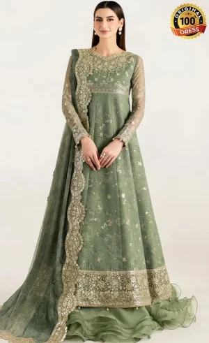 Green maxi dress for wedding guests with hand embroidery and elegant chiffon detailing