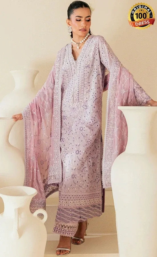 Lilac Pakistani dress for wedding guests with elegant hand embroidery and lawn fabric