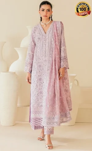 Lilac embroidered shalwar kameez with tassels and sequinned lace detailing