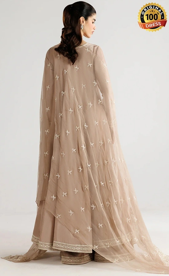 Pakistani floral salwar kameez for wedding guests with embroidered organza detailing