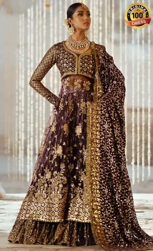Patchwork lehenga for wedding guests with hand embroidery and elegant velvet detailing
