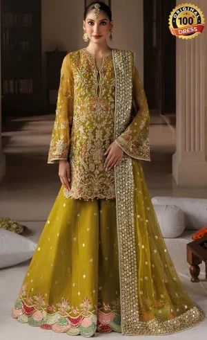 Red lehenga with long blouse featuring chatta patti, patchwork and detailed hand embroidery