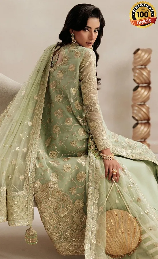 Embroidered sage green salwar kameez for wedding guests from Divani Silk Edit 2025