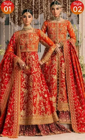 Orange bridesmaid gown for wedding guests with elegant hand embroidery and silk detailing