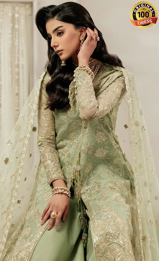 Sage green salwar kameez for wedding guests with elegant hand embroidery and organza detailing