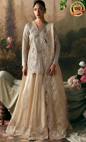 Beige lehenga for wedding guests with elegant hand embroidery and organza detailing