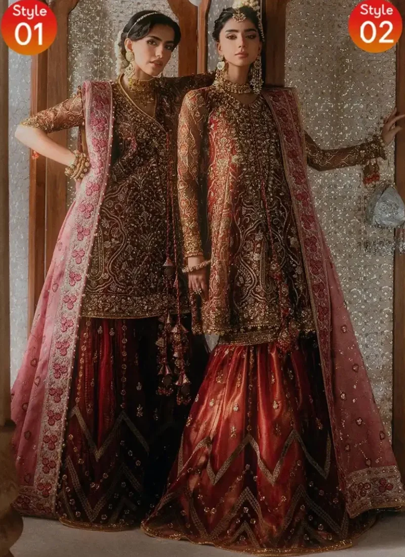 Brick Red Peplum Shirt with Gharara and Pink Embroidered Dupatta Brick red Pakistani peplum shirt with gharara featuring intricate gold embroidery, embellished organza neckline and pink floral embroidered dupatta.