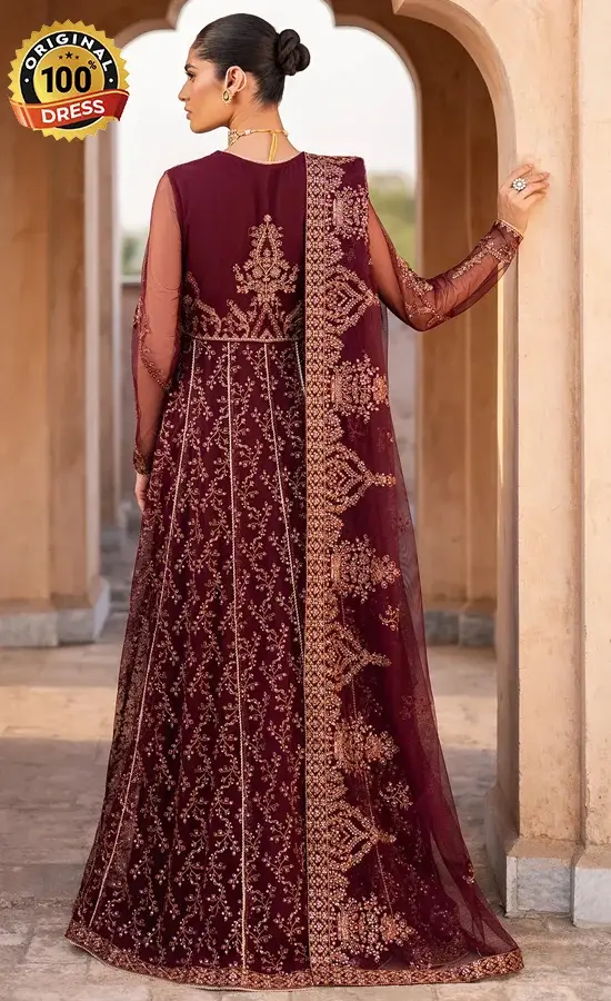 Burgundy Net Saree With Hand Embroidery