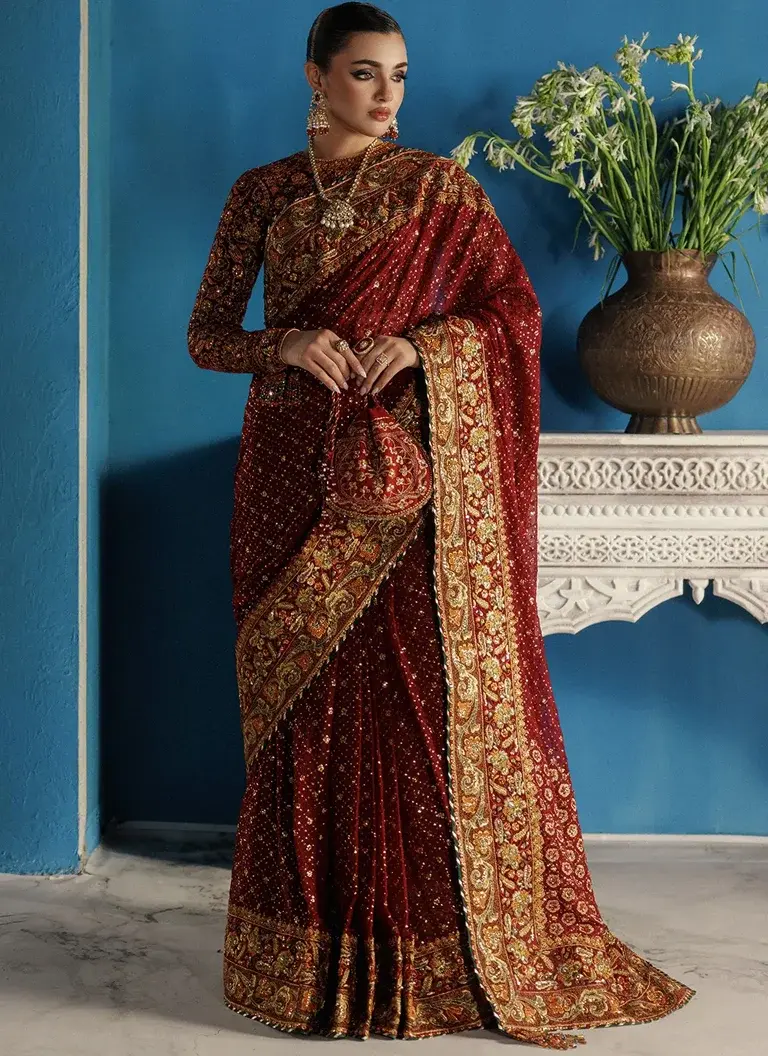 Burgundy Saree for Wedding Guests – Embroidered Saree Burgundy chiffon saree with embroidered velvet blouse, organza saree border and decorative shuttle lace for wedding occasions