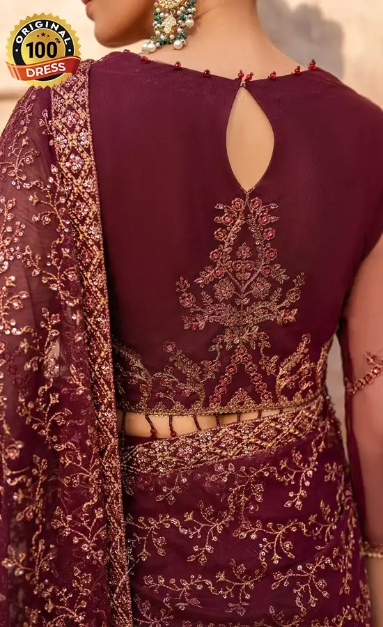 Embroidered Burgundy Wedding Guest Saree
