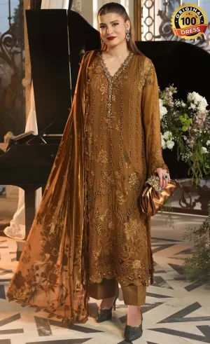 Golden color salwar suit for wedding guests with elegant hand embroidery and traditional detailing