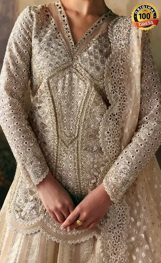 Pakistani beige lehenga for wedding guests with embroidered organza and graceful formal styling