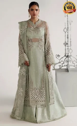 Sage green plazzo suit for wedding guests with elegant hand embroidery and organza detailing