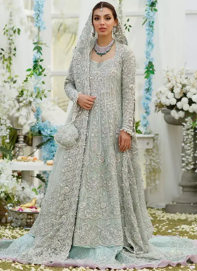 Aqua Bridal Frock with Lehenga 001 Aqua bridal frock with lehenga, long net peshwas and organza dupatta with silver tonal embroidery.