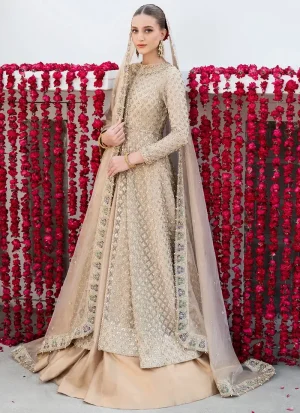 Ivory Nikkah jacket lehenga with ankle-length organza open gown, Katan silk lehenga and organza dupatta.